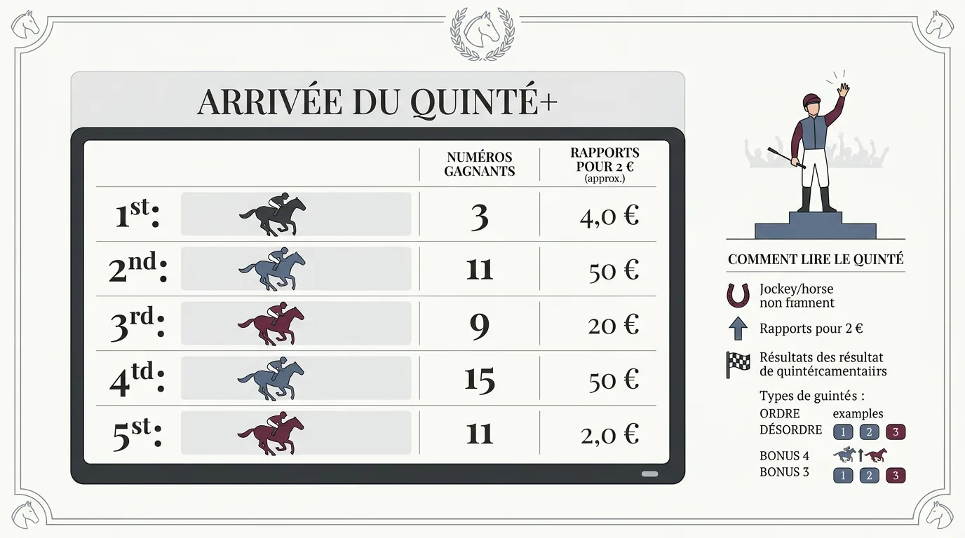 Tableau d'affichage de l'arrivée quinté+ avec les numéros gagnants et les rapports, un jockey salue la foule depuis le podium